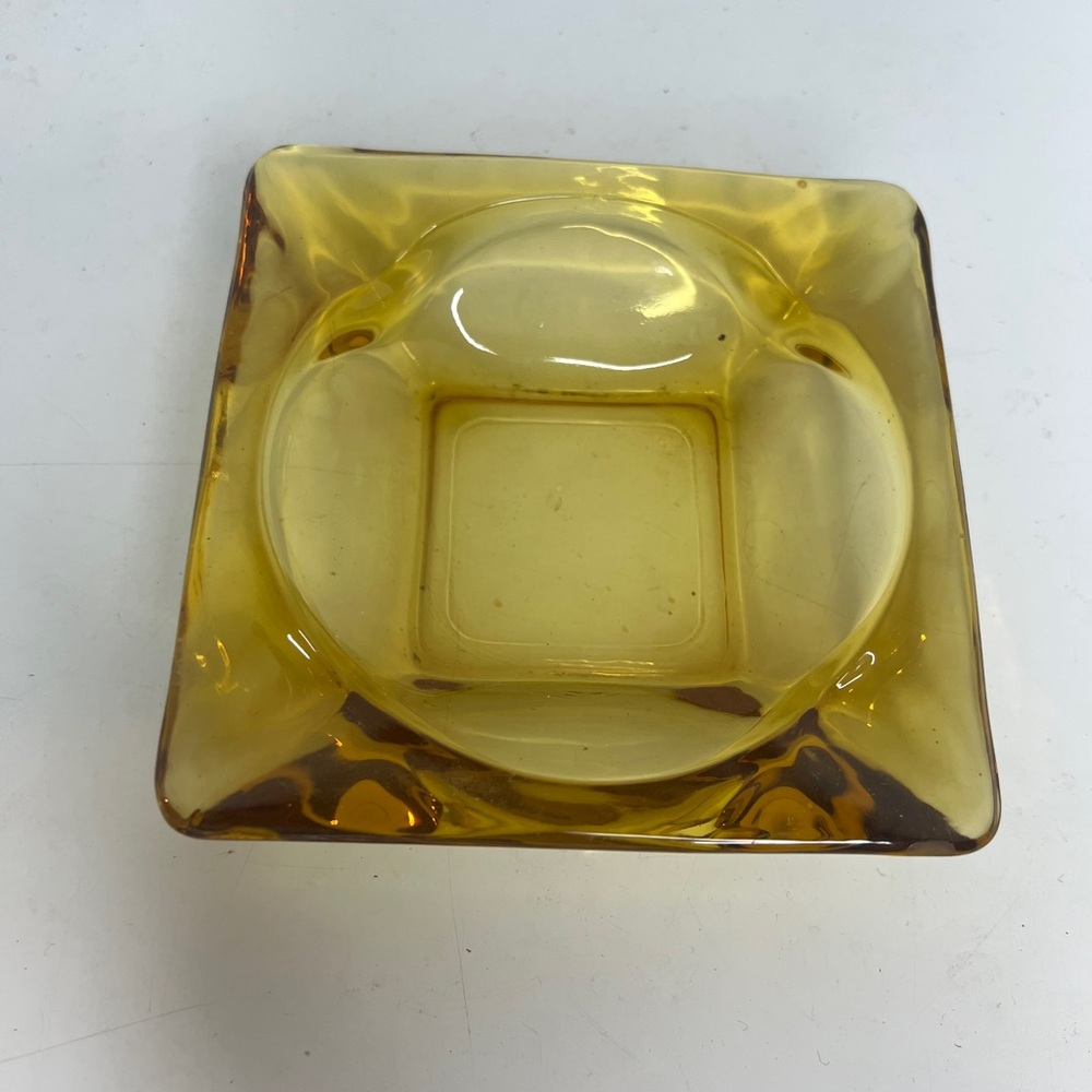 Vintage 70s MCM Amber Glass Square Ashtray 4 Large Cigar Sized Notches 4.5"